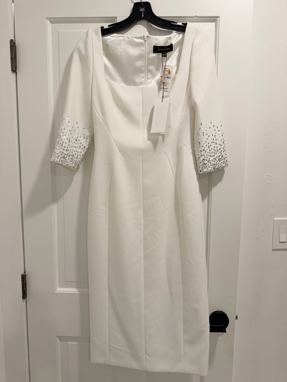 Jenny Packham White Midi Dress with Embellished 3/4 Sleeves